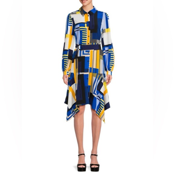 KARL LAGERFELD PARIS Geometric Print Belted Long Sleeve Point Collar Dress - Picture 1 of 3
